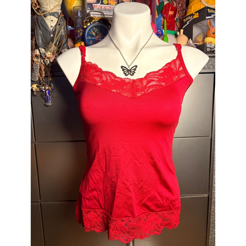 ❌❌❌SOLD❌❌❌Y2K White House Black Market Red Lace Trim Cami Camisole Tank Top #2